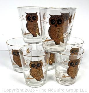 Set of (8) Mid Century Couroc of Monterey Gold Trimmed Owl Bar Glasses