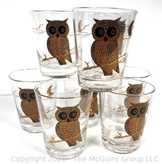 Set of (8) Mid Century Couroc of Monterey Gold Trimmed Owl Bar Glasses