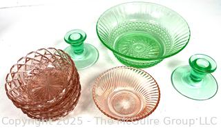 Five (5) Pieces of Depression Glass Including Uranium Glass