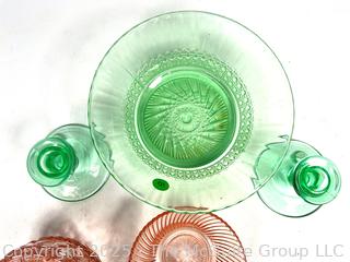 Five (5) Pieces of Depression Glass Including Uranium Glass