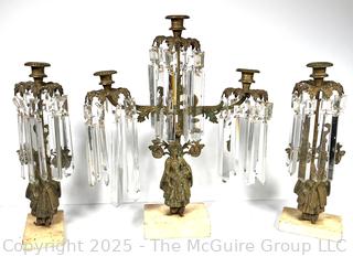 Set of Three (3) Victorian Gilt Bronze Girandole Candle Sticks on Marble Base with Cut Crystal Hanging Lustres