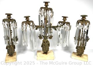 Set of Three (3) Victorian Gilt Bronze Girandole Candle Sticks on Marble Base with Cut Crystal Hanging Lustres