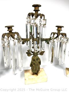 Set of Three (3) Victorian Gilt Bronze Girandole Candle Sticks on Marble Base with Cut Crystal Hanging Lustres