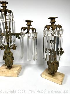 Set of Three (3) Victorian Gilt Bronze Girandole Candle Sticks on Marble Base with Cut Crystal Hanging Lustres