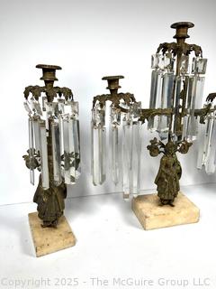 Set of Three (3) Victorian Gilt Bronze Girandole Candle Sticks on Marble Base with Cut Crystal Hanging Lustres