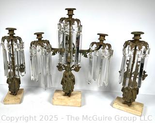 Set of Three (3) Victorian Gilt Bronze Girandole Candle Sticks on Marble Base with Cut Crystal Hanging Lustres