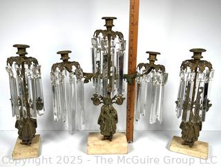 Set of Three (3) Victorian Gilt Bronze Girandole Candle Sticks on Marble Base with Cut Crystal Hanging Lustres