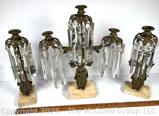 Set of Three (3) Victorian Gilt Bronze Girandole Candle Sticks on Marble Base with Cut Crystal Hanging Lustres