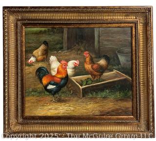 Framed Print on Canvas of Roosters and Hens.  28 x 32"