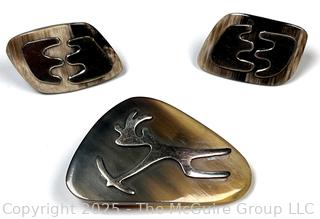 Three (3) Piece Sterling Silver Tribal Warrior Mounted on Horn Brooch and Screw Back Earrings, Taxco Mexico