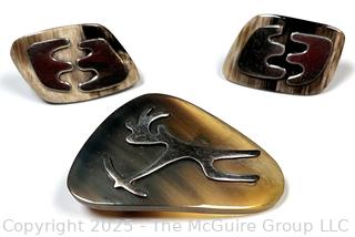 Three (3) Piece Sterling Silver Tribal Warrior Mounted on Horn Brooch and Screw Back Earrings, Taxco Mexico