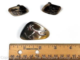 Three (3) Piece Sterling Silver Tribal Warrior Mounted on Horn Brooch and Screw Back Earrings, Taxco Mexico
