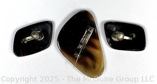 Three (3) Piece Sterling Silver Tribal Warrior Mounted on Horn Brooch and Screw Back Earrings, Taxco Mexico