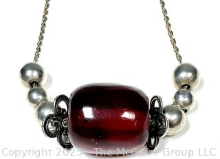 Red Amber Bead on Sterling Silver Chain Necklace