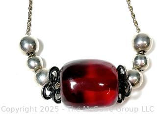 Red Amber Bead on Sterling Silver Chain Necklace
