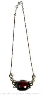 Red Amber Bead on Sterling Silver Chain Necklace