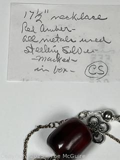 Red Amber Bead on Sterling Silver Chain Necklace