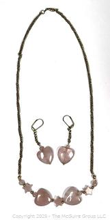 Rose Quartz Heart Necklace with Matching Earrings
