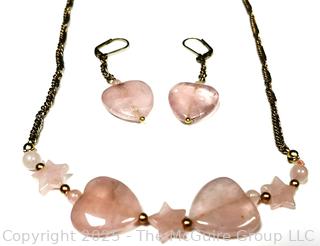 Rose Quartz Heart Necklace with Matching Earrings