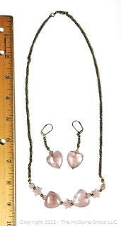 Rose Quartz Heart Necklace with Matching Earrings