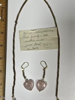 Rose Quartz Heart Necklace with Matching Earrings