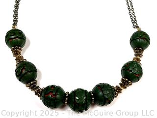 Chinese Green Carved To Red Cinnabar Bead on Chain Necklace