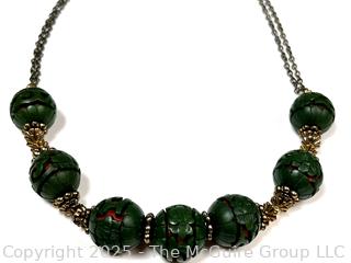 Chinese Green Carved To Red Cinnabar Bead on Chain Necklace