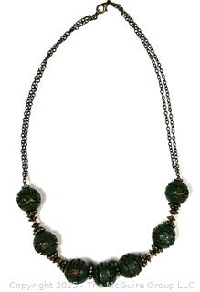 Chinese Green Carved To Red Cinnabar Bead on Chain Necklace