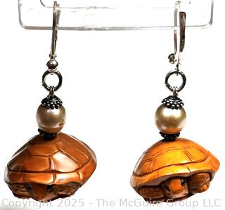 Japanese Carved Boxwood Turtle Bead Dangle Earrings with Pearls, Signed by Artist. 