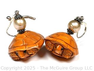 Japanese Carved Boxwood Turtle Bead Dangle Earrings with Pearls, Signed by Artist. 