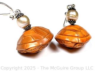 Japanese Carved Boxwood Turtle Bead Dangle Earrings with Pearls, Signed by Artist. 