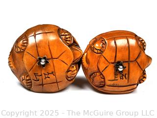 Japanese Carved Boxwood Turtle Bead Dangle Earrings with Pearls, Signed by Artist. 