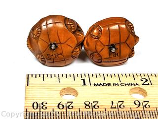Japanese Carved Boxwood Turtle Bead Dangle Earrings with Pearls, Signed by Artist. 