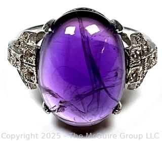 Cabochon Amethyst Ring with White Topaz Set in Sterling Silver. 