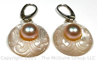Carved Mother of Pearl Disc Earrings with Pearl Center.  