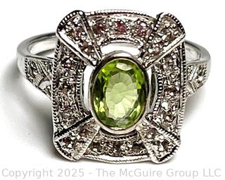 Art Deco Peridot and White Topaz in Sterling Silver Ring. 