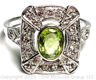 Art Deco Peridot and White Topaz in Sterling Silver Ring. 