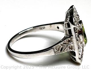 Art Deco Peridot and White Topaz in Sterling Silver Ring. 