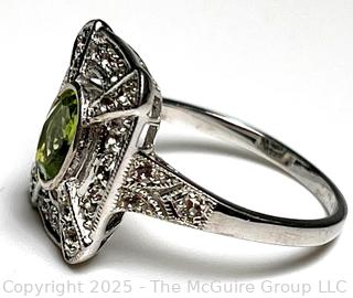 Art Deco Peridot and White Topaz in Sterling Silver Ring. 