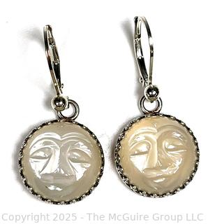 Carved Mother of Pearl Moon Face in Sterling Dangle Earrings