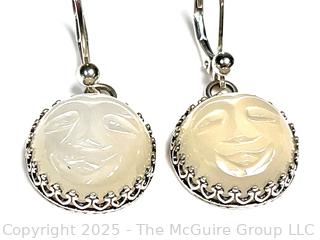 Carved Mother of Pearl Moon Face in Sterling Dangle Earrings