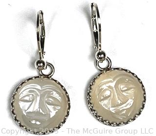 Carved Mother of Pearl Moon Face in Sterling Dangle Earrings