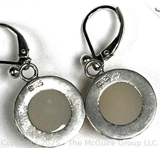 Carved Mother of Pearl Moon Face in Sterling Dangle Earrings