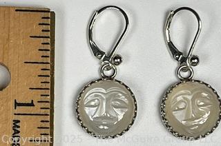 Carved Mother of Pearl Moon Face in Sterling Dangle Earrings