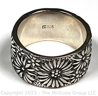 Sterling Silver Band Ring with Flower Relief