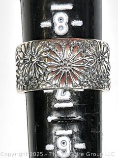 Sterling Silver Band Ring with Flower Relief