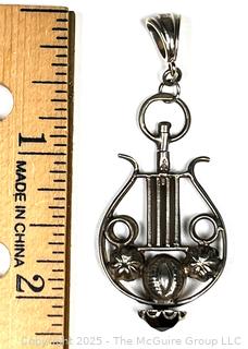 Sterling Silver Lyre Pendant with Garnet Finial Pendant