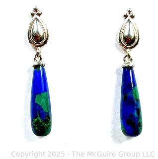 Polished Azarite Lapis and Malachite Drop Earrings with Sterling Mounts