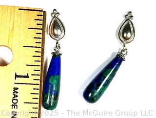 Polished Azarite Lapis and Malachite Drop Earrings with Sterling Mounts