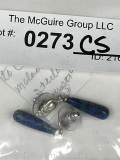 Polished Azarite Lapis and Malachite Drop Earrings with Sterling Mounts